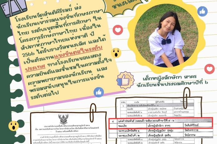 นักเรียนได้รับรางวัลชนะเลิศแต่งคำประพันธ์กลอนสี่